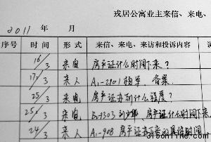 在海口戎居公寓的業(yè)主來(lái)信、來(lái)電、來(lái)訪登記表中,幾乎全部與房產(chǎn)證有關(guān)。新華社記者 侯建森 攝 在海口戎居公寓的業(yè)主來(lái)信、來(lái)電、來(lái)訪登記表中,幾乎全部與房產(chǎn)證有關(guān)。新華社記者 侯建森 攝